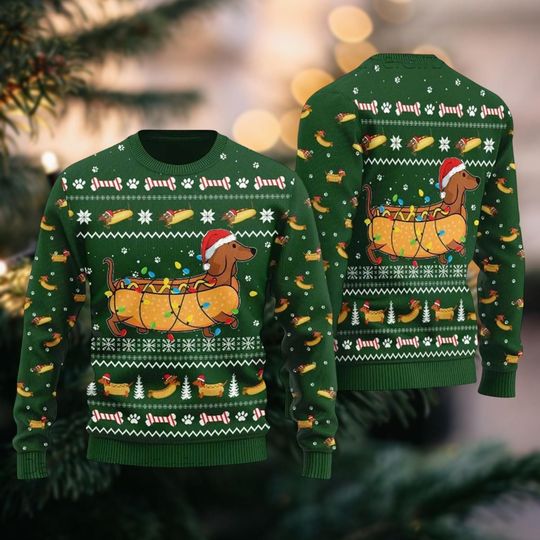 Dachshund Dog Ugly Christmas Sweater, Funny Hot Dog Holiday Sweater, Animals Christmas Sweatshirt Men Women, Xmas Gift For Dog Lovers