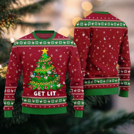 Discover Chicken Get Lit Christmas Ugly Sweater, Chickmas Holiday Sweater, Animals Christmas Tree Sweatshirt, Funny Xmas Gifts Idea For Farmers
