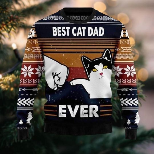 Discover Best Cat Dad Ugly Christmas Sweater, Funny Xmas Holiday Sweater, Meme Christmas Sweatshirt For Men Women, Sarcastic Xmas Gifts Idea