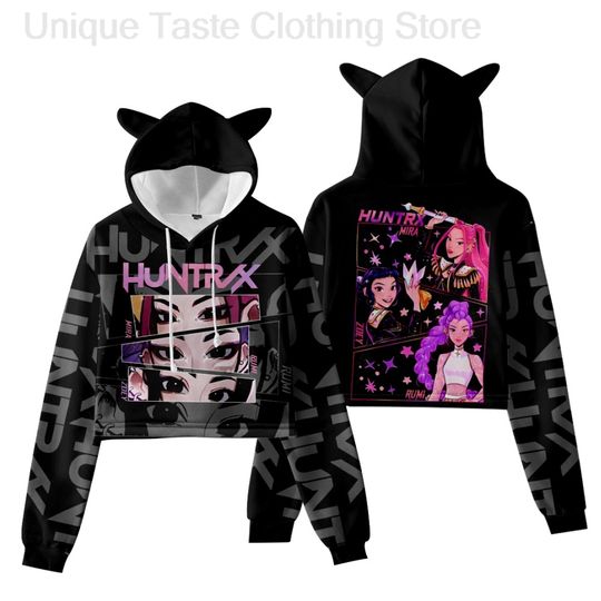 KPop Demon Hunters Cat Ear Cropped Hoodie Women Girls Y2K Short Hoodie