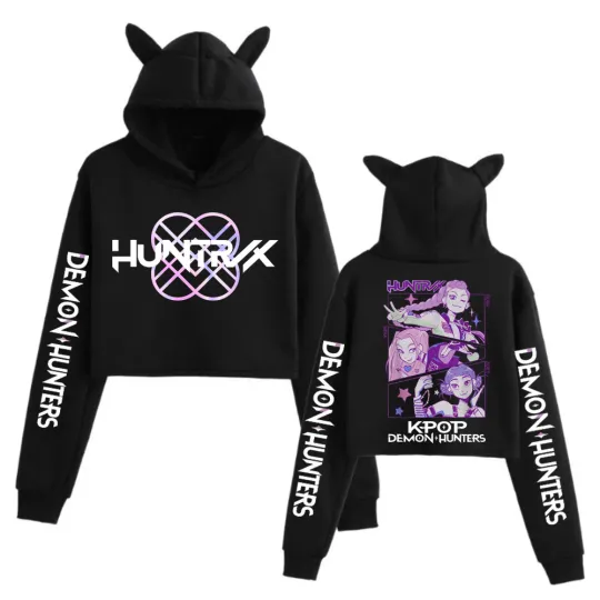 Cat Ear Cropped Hoodie for Girls, Demon Hunters Graphic Sweatshirt, Long Sleeve Hooded Top