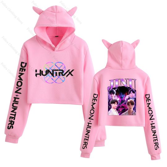 2025 KPop Demon Hunter HUNTRIX Print Cropped Hoodie with Cat Ears, Long Sleeve Women’s Hoodie for Autumn