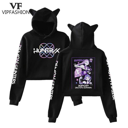 KPOP Demon Hunters Hoodie Cat Ear Cropped Pullover Cosplay Costume Autumn Tops