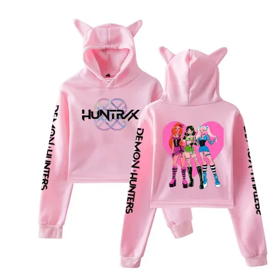 KPop Demon Hunters Cat Ear Cropped Hoodie for Girls Cartoon Casual Pullover