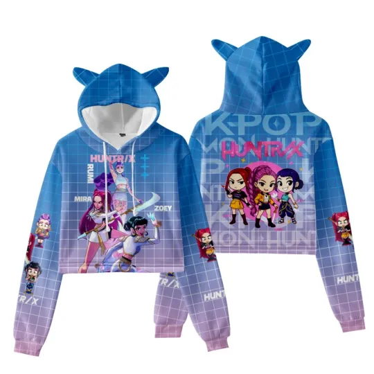 Cat Ear Cropped Hoodie for Women, Cosplay KPop Demon Hunters Hooded Sweatshirt, Long Sleeve Hoodies, Hip Hop Pullover Top