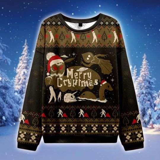 Merry Cryptmas Ugly Christmas Sweater, Funny Cryptid Xmas Sweatshirt, Bigfoot Nessie Mothman Holiday Jumper, Monster Lover Gift for Him Her