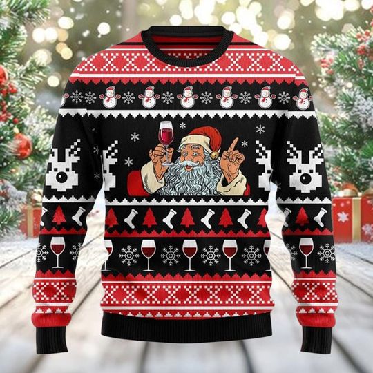 Discover Funny Santa Wine Christmas Sweater, Festive Holiday Knit Jumper with Wine Glass Pattern, Ugly Xmas Sweater for Party Lovers