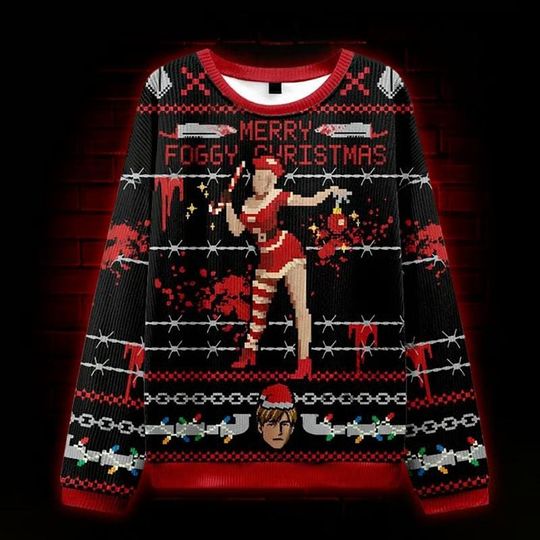 Merry Foggy Christmas Sweater Horror Video Game Parody Ugly Christmas Pullover Gothic Festive Knit
