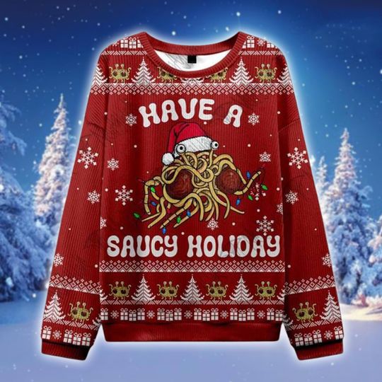 Discover Flying Spaghetti Monster Ugly Christmas Sweater, Saucy Holiday Knit Jumper, Funny Pasta Xmas Sweatshirt, Weird Holiday Gift for Him Her