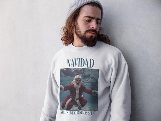 Discover Smells Like Christmas Spirit Sweatshirt Funny Holiday Gift Nirvana Parody Sweater Santa Claus Top X-Mas Jumper Ugly Christmas Sweater Party