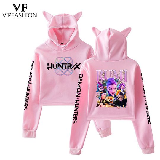 VIP FASHION Cat Ear Cropped Hoodie KPOP Demon Hunter Halloween Cosplay Pullover Women Party Clothing