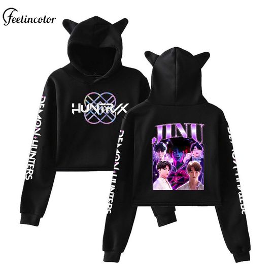 KPOP Demon Hunter Cat Ear Cropped Hoodie Women Men Halloween Graphic Pullover Anime Cosplay Hood Sweatshirt