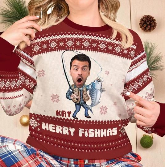 Discover Custom Face Gifts For Fishing Lover Christmas Ugly Sweater, Personalized Fisherman Holiday Ugly Sweater, Funny Outdoor Xmas Gift for Him