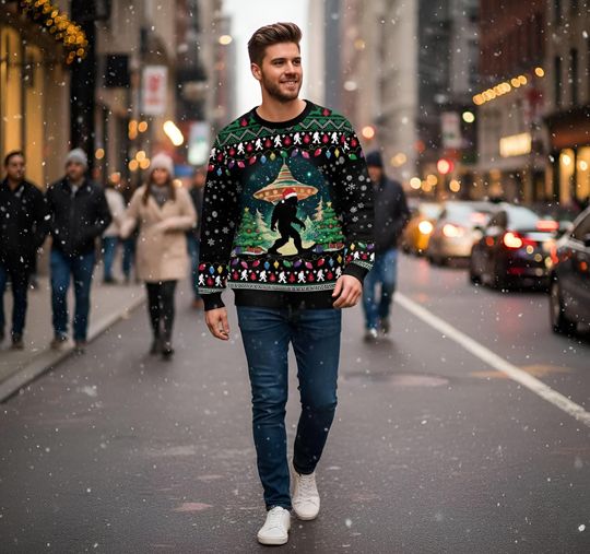 Bigfoot Christmas Ugly Sweater, Funny Sasquatch Holiday Sweatshirt, Cryptid Xmas Gift, Ugly Christmas Sweater for Men & Women