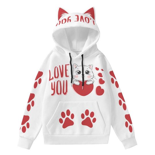 Kawaii Cat Hoodie: White Pullover with Red Paw Prints & Ears