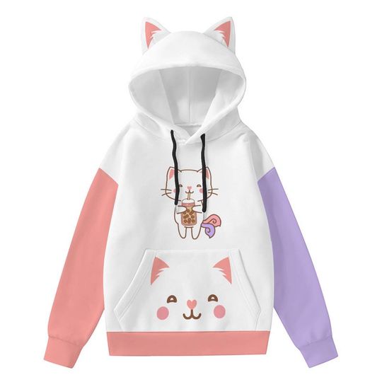 Kawaii Heaven Women's Boba Kitty Hoodie with Decorative Cat Ears & Bubble Tea Vibes