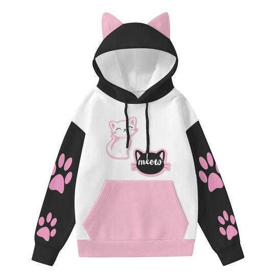 Discover Kawaii Cat Ear Hoodie with Paw Prints  Meow Kitty Hoodie for Women, Cute Harajuku Hoodie, Cozy Anime , Soft Girl Aesthetic Top