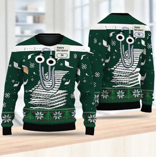 Discover 2025 Clippy Holiday Ugly Christmas Sweater, Funny Retro Office Helper Design, Quirky Festive Jumper, Unique Winter Gift Idea