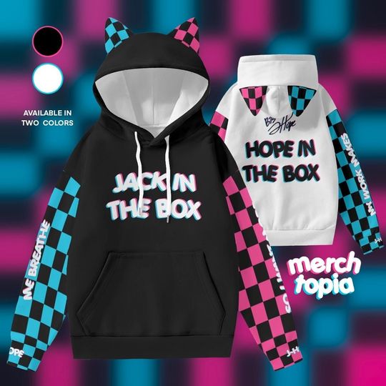 Jack in the Box Hoodie with 3D Cat Ears Two Tone Checkered Kpop Merch Army Gift Idea AOP Womens Hooded With Decorative Ears