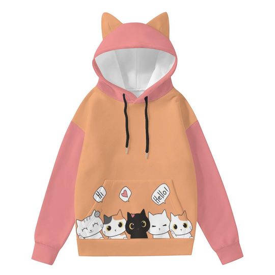 Cute Cat Ears Hoodie | Kawaii Cat Print | Pastel Pink and Orange Cat Lover Hoodie | Cozy Unisex Cute Animal Hoodie