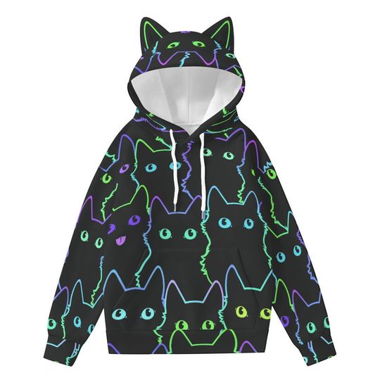 Discover Kawaii Cat Ear Hoodie for Women - Neon Cat Print Pullover with Decorative Ears