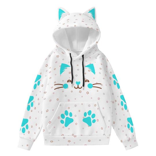 Discover Kawaii Cat Ear Hoodie: Blue Paw Print