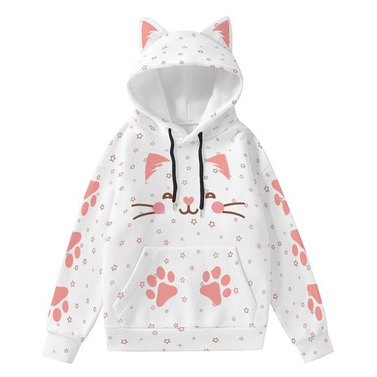 Discover Kawaii Cat Ear Hoodie: Pink Paw Print Design