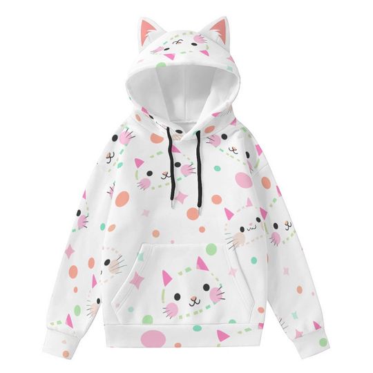 Discover Kawaii Cat Face Hoodie with Ears: Scuba Fabric Sweatshirt