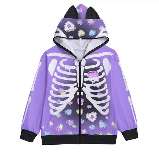 Broken hearts - hoodie with cat ears - Rib cage, spooky cute, pastel goth, menhera, halloween, creepy cute skeleton