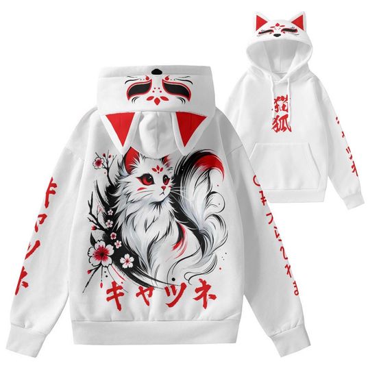 Discover Kitsune Cat Hoodie 3D Ears Kyatsune Katsune Kitsune Fox Mashup Nine Tailed Fox Mask Spirit Japan Kami Inari Guardian With Decorative Ears