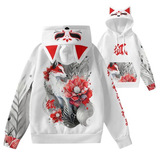Discover Kitsune Fox Hoodie 3D Ears Nine Tailed Fox Mask Spirit Japan Kami Inari Guardian Japanese Style Hooded With Decorative Ears