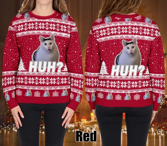 Discover Huh Cat meme Ugly Christmas Sweater, Funny Holiday Sweater With Festive Cat, Ugly Christmas Sweater, Xmas Sweater, Gift For Men Women
