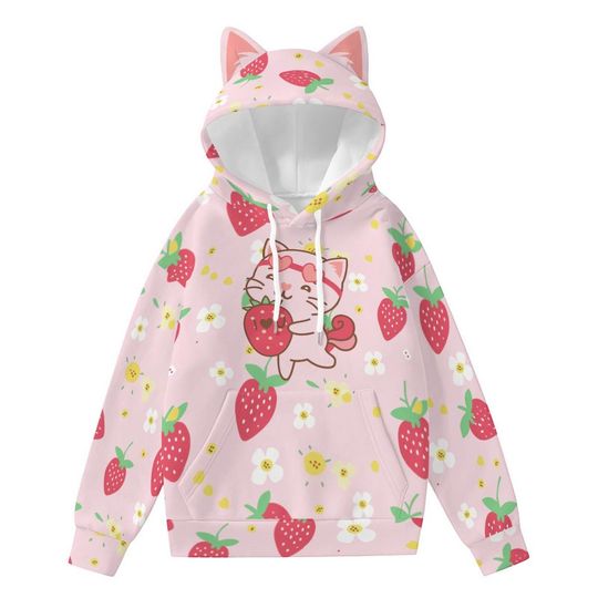 Discover Kawaii Strawberry Cat Hoodie: Pink Anime Pullover with Ears