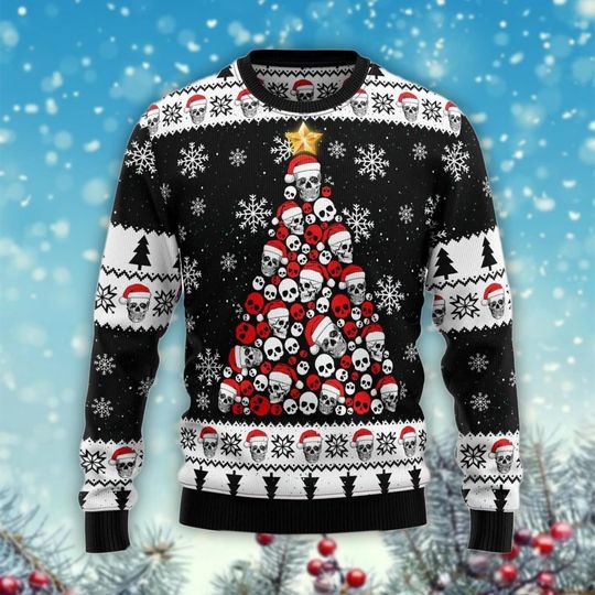 Skull Christmas Tree Ugly Sweater, Gothic Holiday Jumper, Heavy Metal Xmas Gift, Rock Fan Apparel