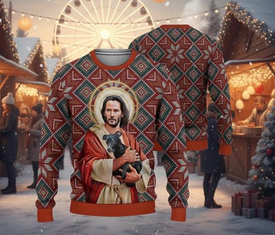 Jesus with Dog Ugly Christmas Sweater  Funny Religious Holiday Sweater, Unique Christian Pet Lover Xmas Outfit, Unisex Ugly Sweater Gift