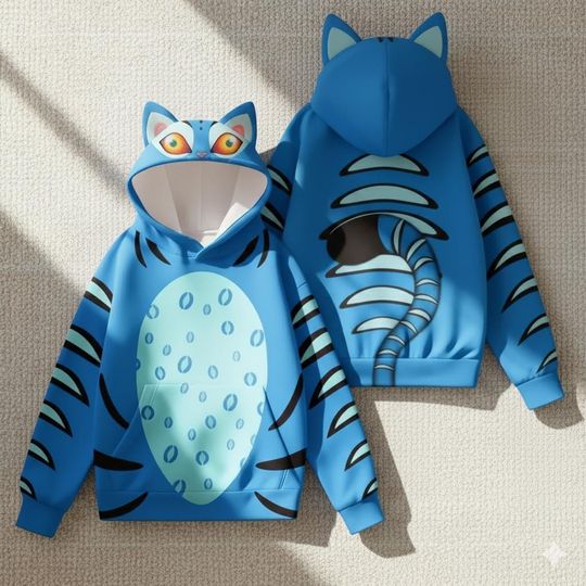 Discover Blue Tiger Cosplay Hoodie Set for Teens and Adults, Unisex Animal Ear Hoodie and Joggers, Kpop Streetwear Outfit, Halloween Gift