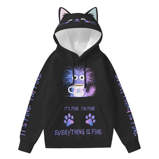Discover Kawaii Cat Ear Hoodie: Coffee Print, Funny Slogan