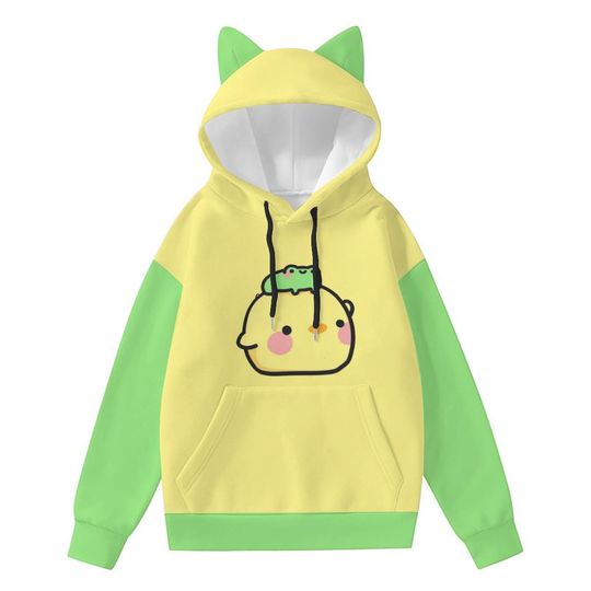 Discover Kawaii Chick and Frog Cat Ear Hoodie  Yellow Green Harajuku Hoodie for Women, Cute Pastel Aesthetic , Cartoon Animal Hoodie Gift