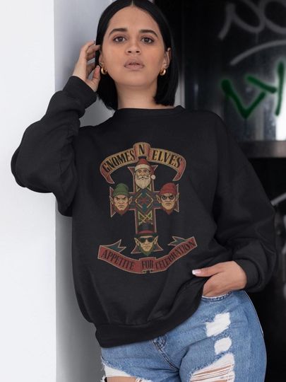 Gnomes-N-Elves Appetite for Celebration Funny Christmas Parody Sweatshirt Album Cover Ugly Sweater Party Gift Exchange Shirt 80s Rock Jumper