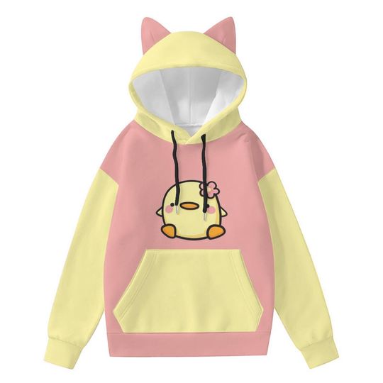 Discover Cute Kawaii Chick Cat Ear Hoodie | Pastel Yellow Pink Hoodie for Women | Adorable Anime Style Oversized Pullover