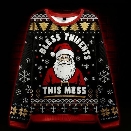Discover Funny Bless This Mess Santa Sweater, Hilarious Christmas Ugly Sweater, Festive Holiday Pullover Gift for Men and Women