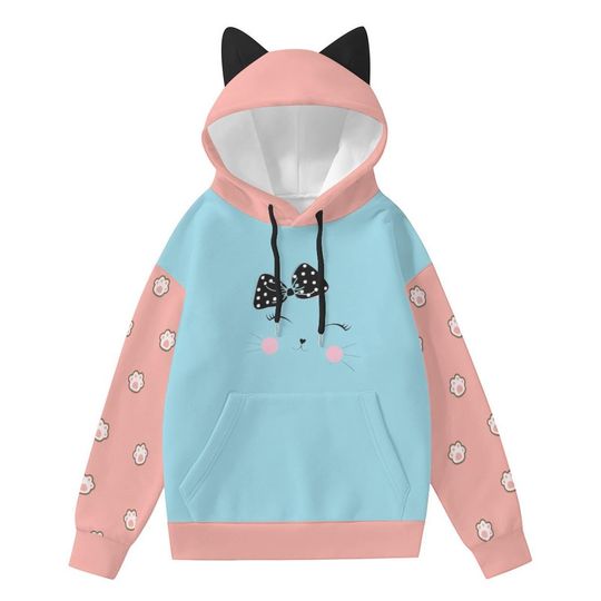 Discover Kawaii Cat Ear Hoodie | Cute Kitty Face Hoodie for Girls | Blue Pink Cat Paw Hoodie | Soft Pastel Aesthetic | Cozy Kawaii Top