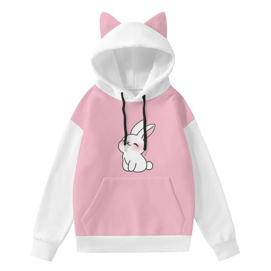 Discover Kawaii Bunny Hoodie with Cat Ears | Cute Pink White Rabbit | Cozy Unisex Hoodie for Girls | Soft Pastel Aesthetic Hoodie