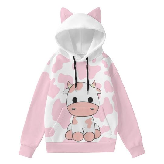 Kawaii Pink Cow Hoodie with Cat Ears, Cute Harajuku Cow Print , Cozy Pastel Aesthetic Hoodie for Girls, Anime Kpop Style Top