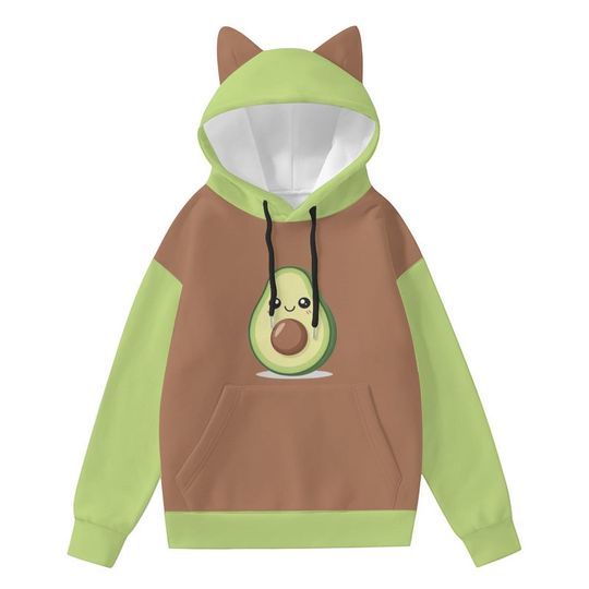 Kawaii Avocado Hoodie with Cat Ears | Cute Pastel Green & Brown Hoodie for Women | Cozy Japanese Harajuku Gift