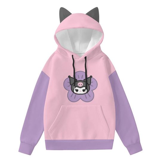 Kuromi Flower Cat Ear Hoodie  Kawaii Pink and Purple Harajuku Hoodie for Women , Cute Sanrio Inspired Pullover