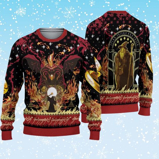 Gandalf vs Balrog Ugly Christmas Sweater, LOTR Inspired Knit Jumper, You Shall Not Pass Holiday Pullover, Unisex Cosy Winter Geek Gift