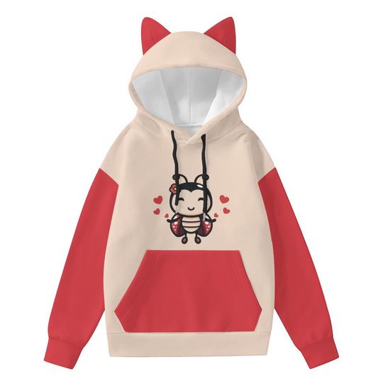 Discover Cute Bee Hoodie with Cat Ears | Kawaii Bee for Women & Teens | Cozy Red and Beige Hoodie Gift for Animal Lovers