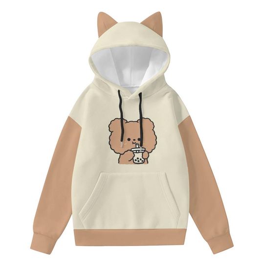 Discover Kawaii Brown Bear Boba Tea Hoodie, Cute Cat Ear Hoodie for Women, Cozy Harajuku  , Kpop Style Hoodie, Gift for Teen Girls
