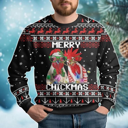 Discover Christmas Chicken Ugly Sweater, Merry Chickmas Sweater, Funny Rooster Ugly Christmas Sweater, Farmer Xmas Lights Shirt, Holiday Sweater